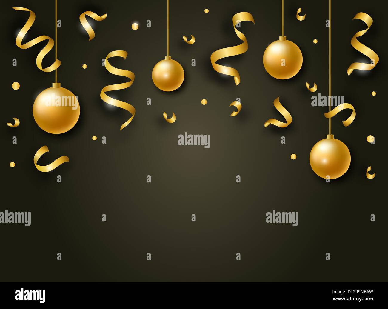 Vector Happy New Year background with golden shiny ribbons, balls and ...