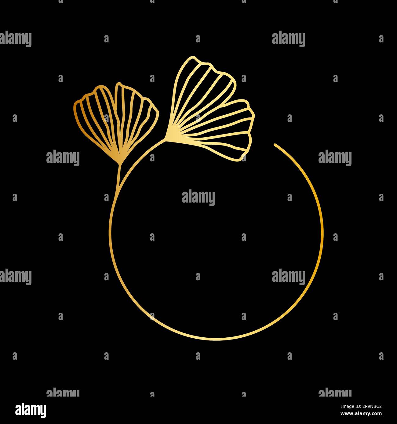 Vector golden frame with Ginkgo Biloba leaves in trendy linear style isolated on black background. Emblem, badge, icon or logo template for cosmetics, Stock Vector