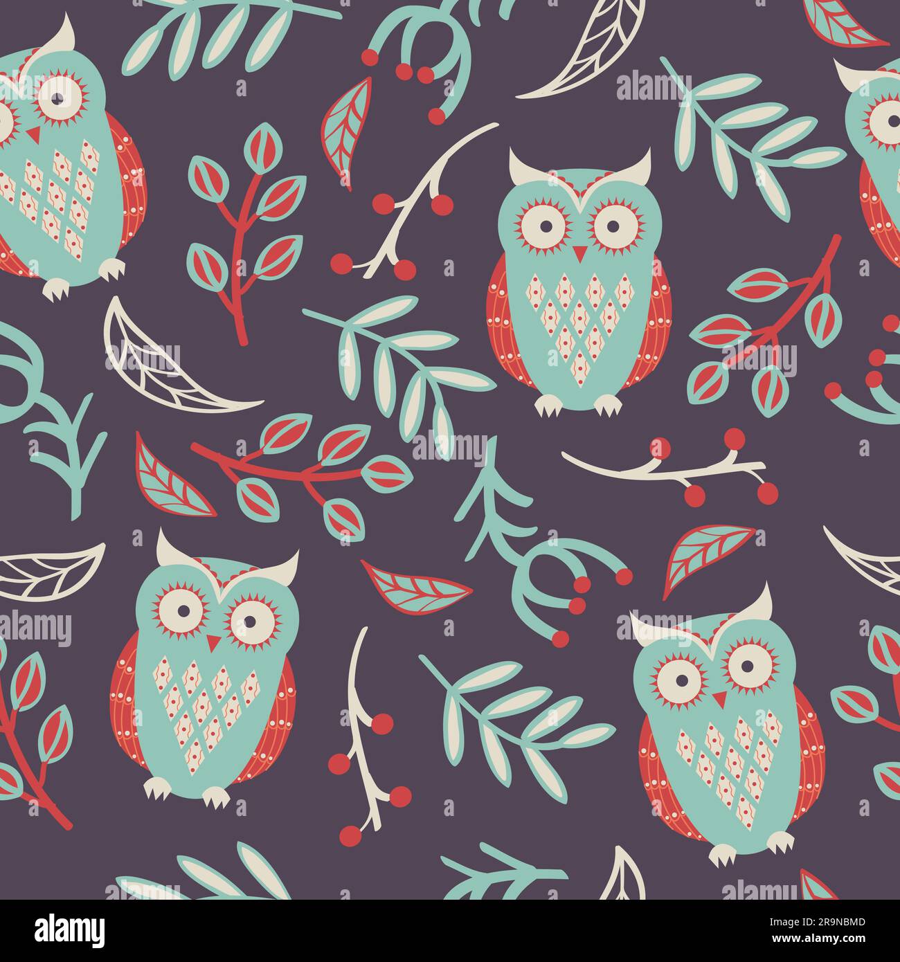Vector seamless pattern with cute owls, leaves Stock Vector