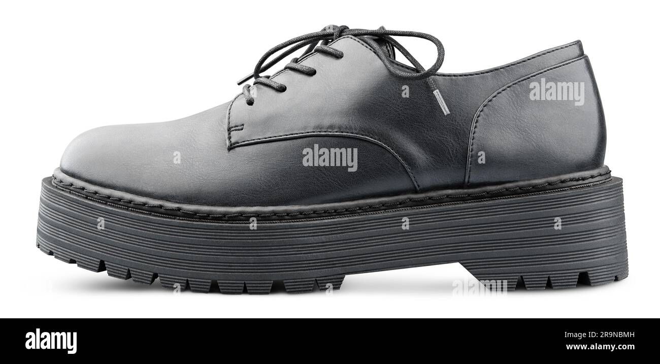 Black leather boot with shoelaces bow. Isolated on white background