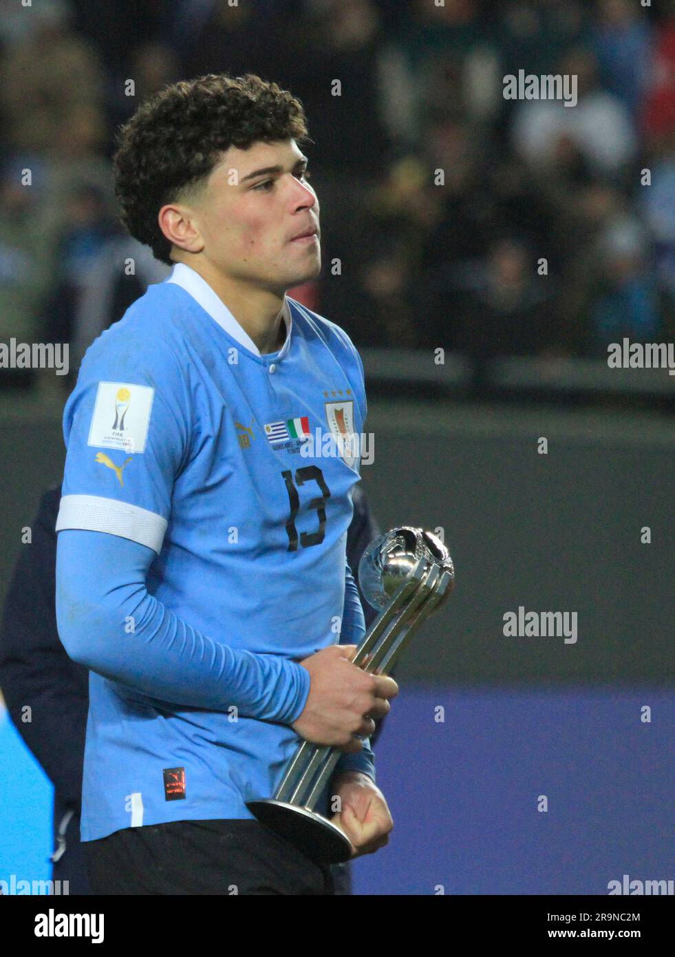 La Plata, Argentina. 11th June, 2023. Alan Matturro do Uruguai, comemora a conquista da Bola de Prata, após a partida entre Uruguai e Itália, pela Final da Copa do Mundo FIFA SUB-20 Argentina 2023, no Estádio Ciudad de La Plata neste domingo 11. Credit: PRESSINPHOTO SPORTS AGENCY/Alamy Live News Stock Photo