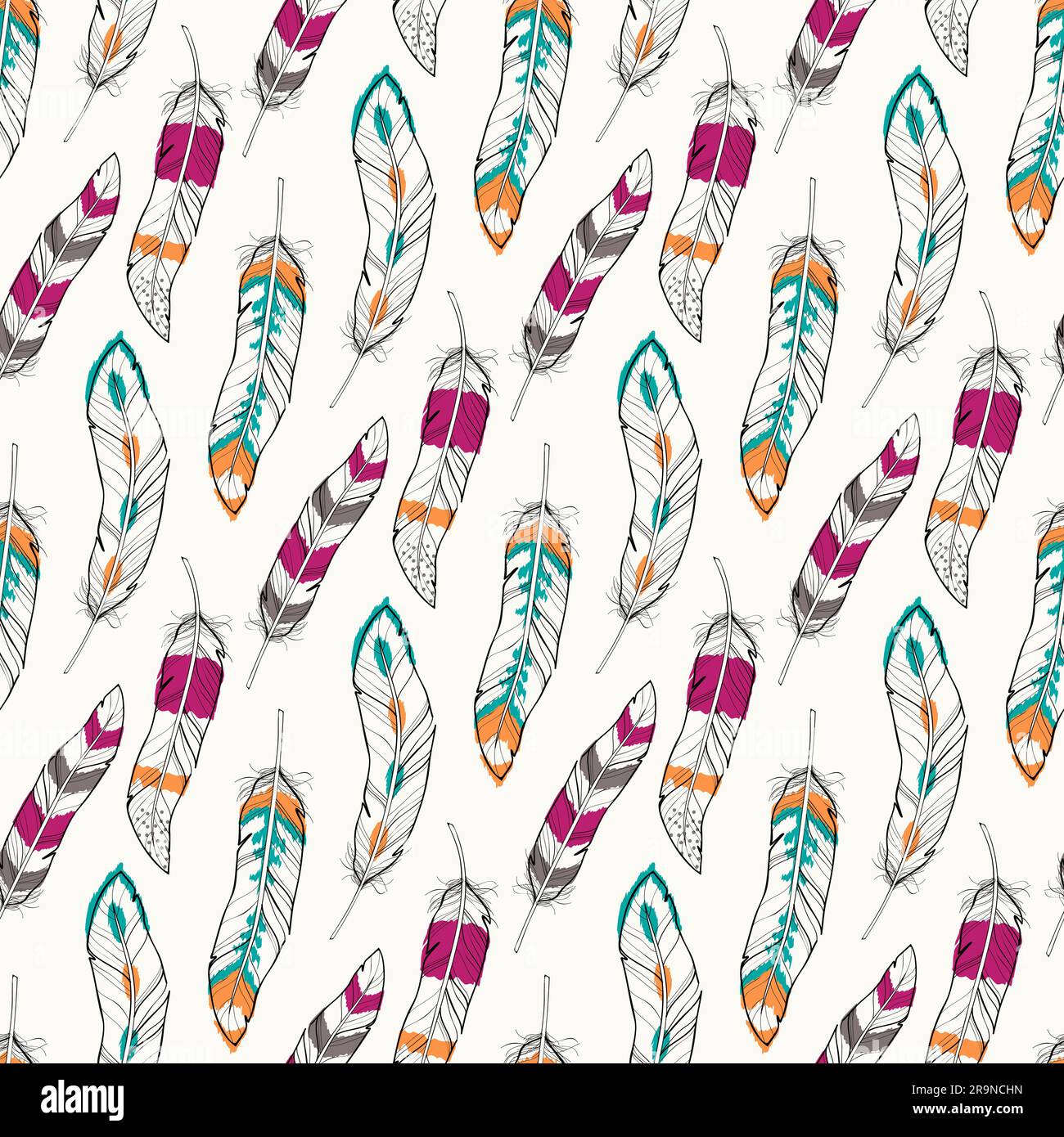 Vector seamless pattern with ethnic colorful feathers. Boho style Stock Vector