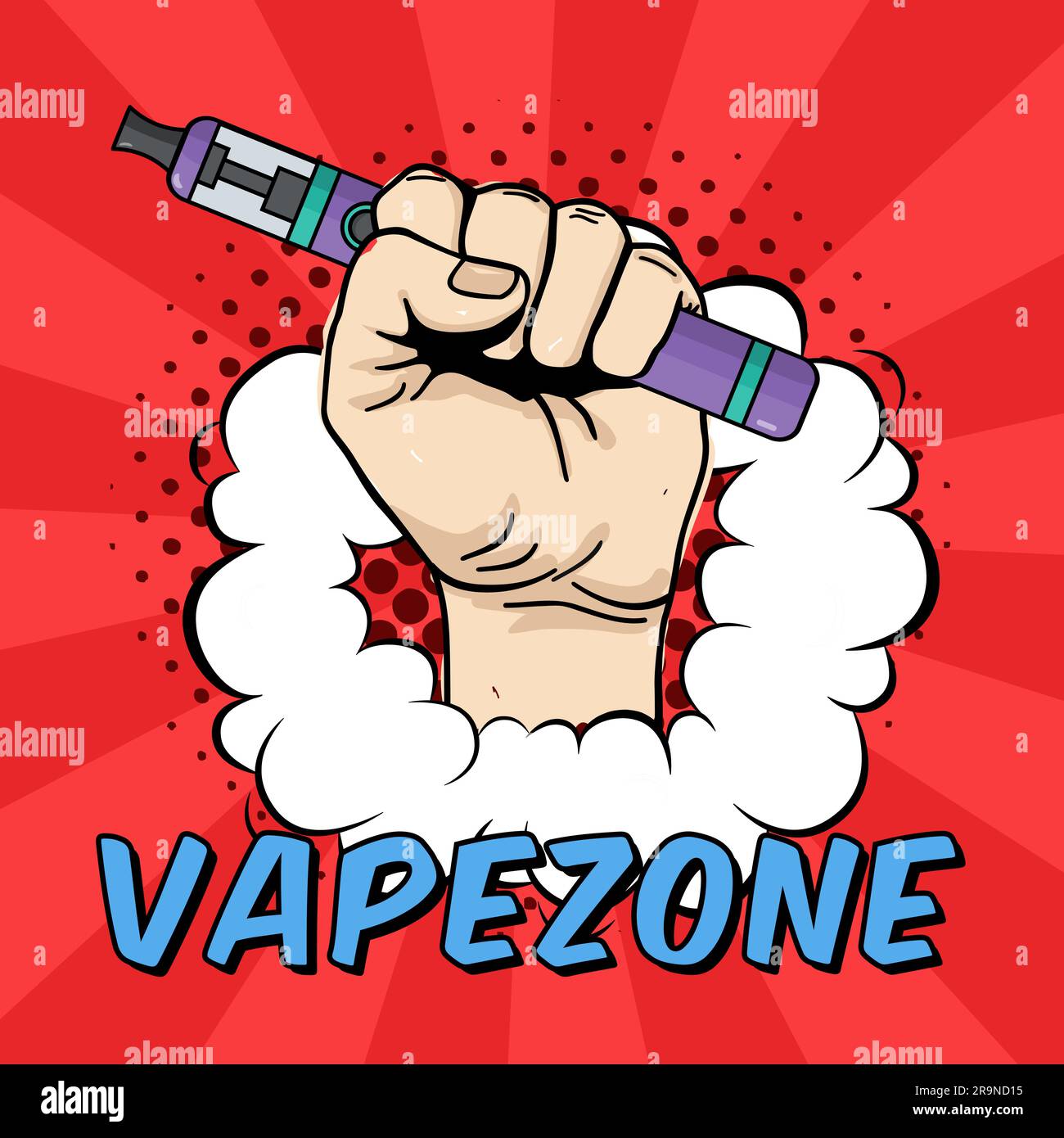 Vector vape zone illustration with hand holding electric tool for vaping. Vapor, electric cigarette, vaporizer e-cig icon. Comics cartoon style. Stock Vector
