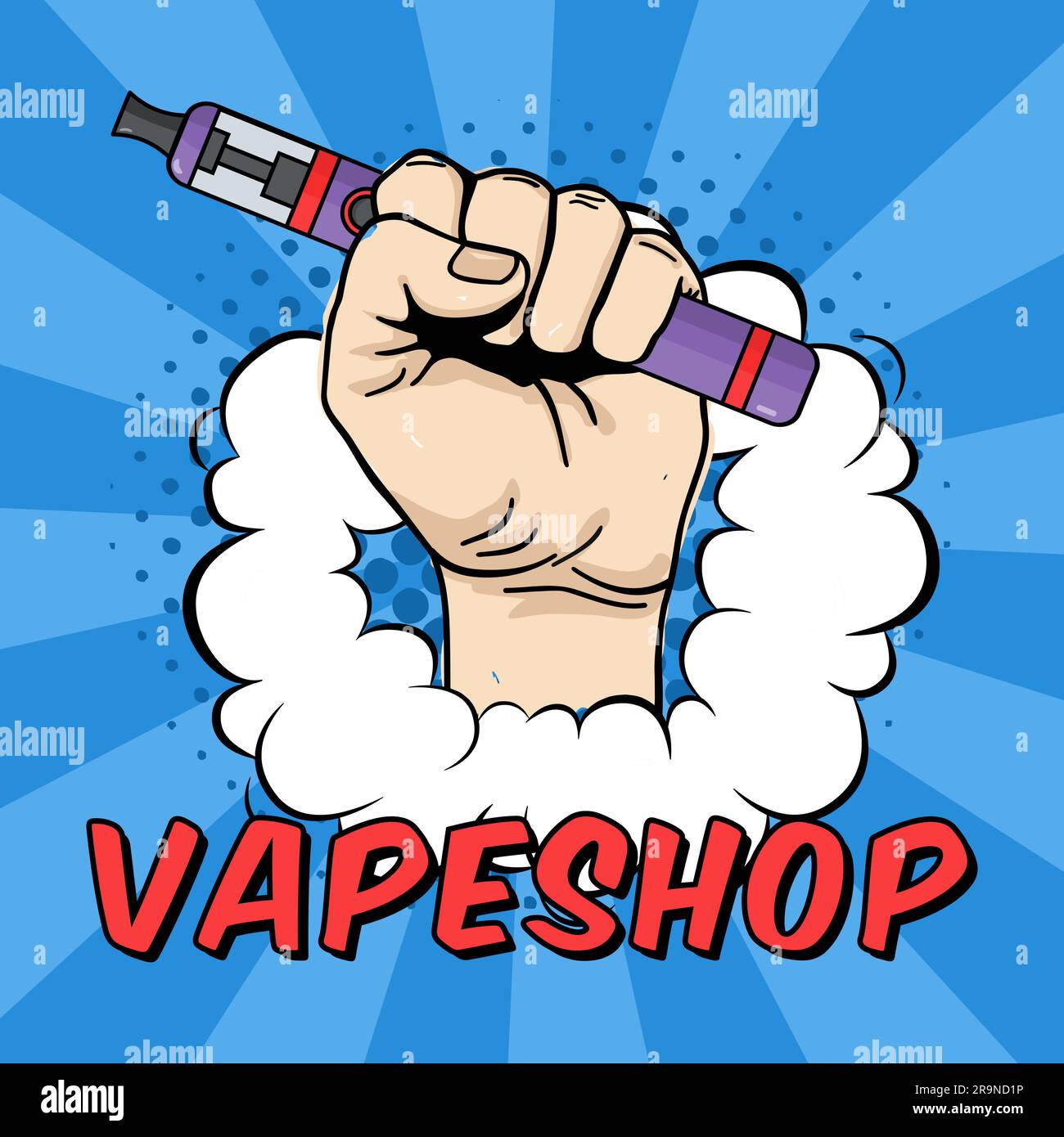 Vector vape shop illustration with hand holding electric tool for vaping. Vapor, electric cigarette, vaporizer e-cig icon. Comics cartoon style. Stock Vector