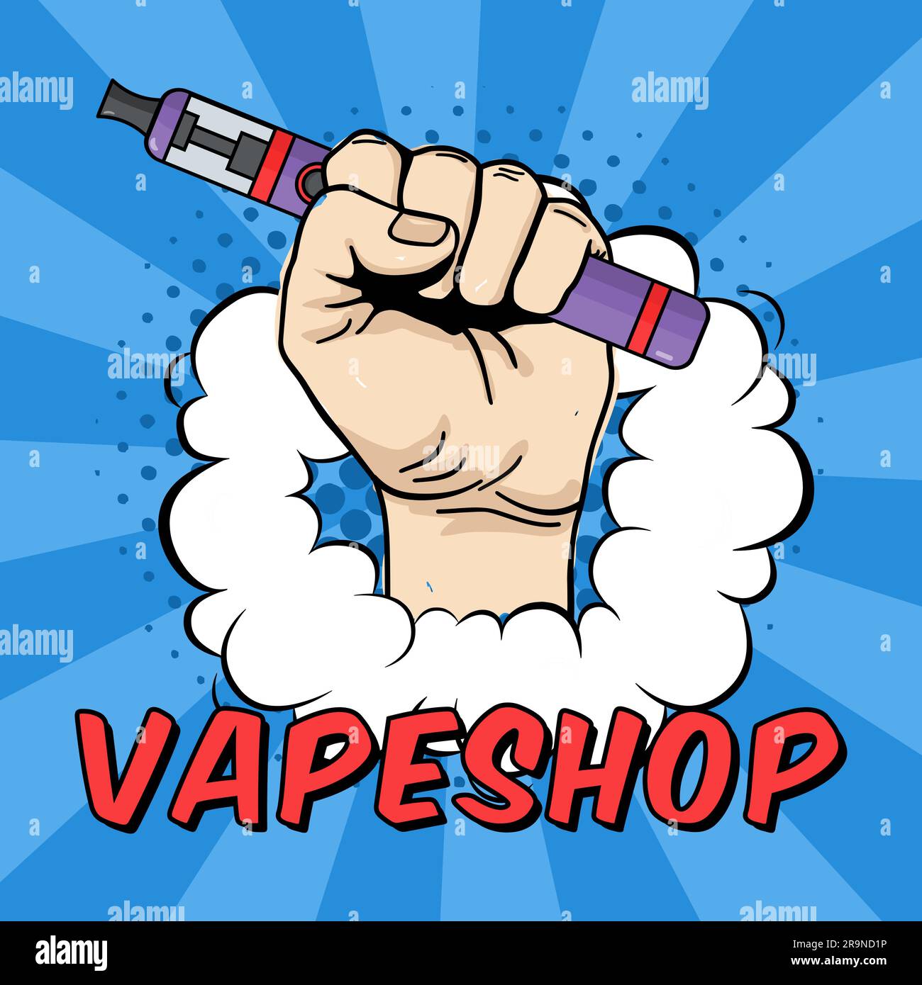 Vector vape shop illustration with hand holding electric tool for vaping.  Vapor, electric cigarette, vaporizer e-cig icon. Comics cartoon style Stock  Vector Image & Art - Alamy