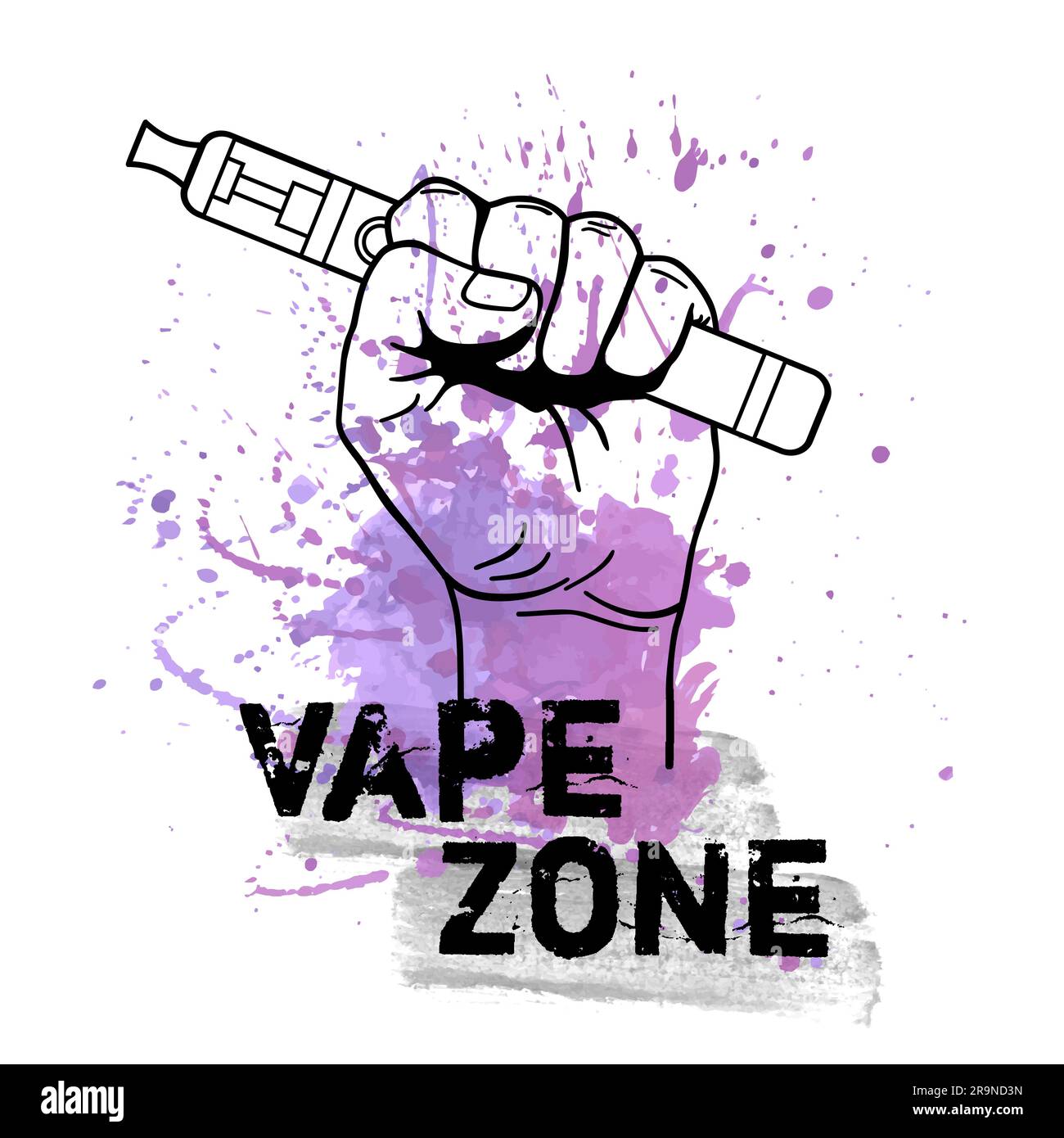 Vector vape zone illustration with watercolor splash and hand holding electric tool for vaping. Vapor, electric cigarette, vaporizer e-cig icon. Stock Vector