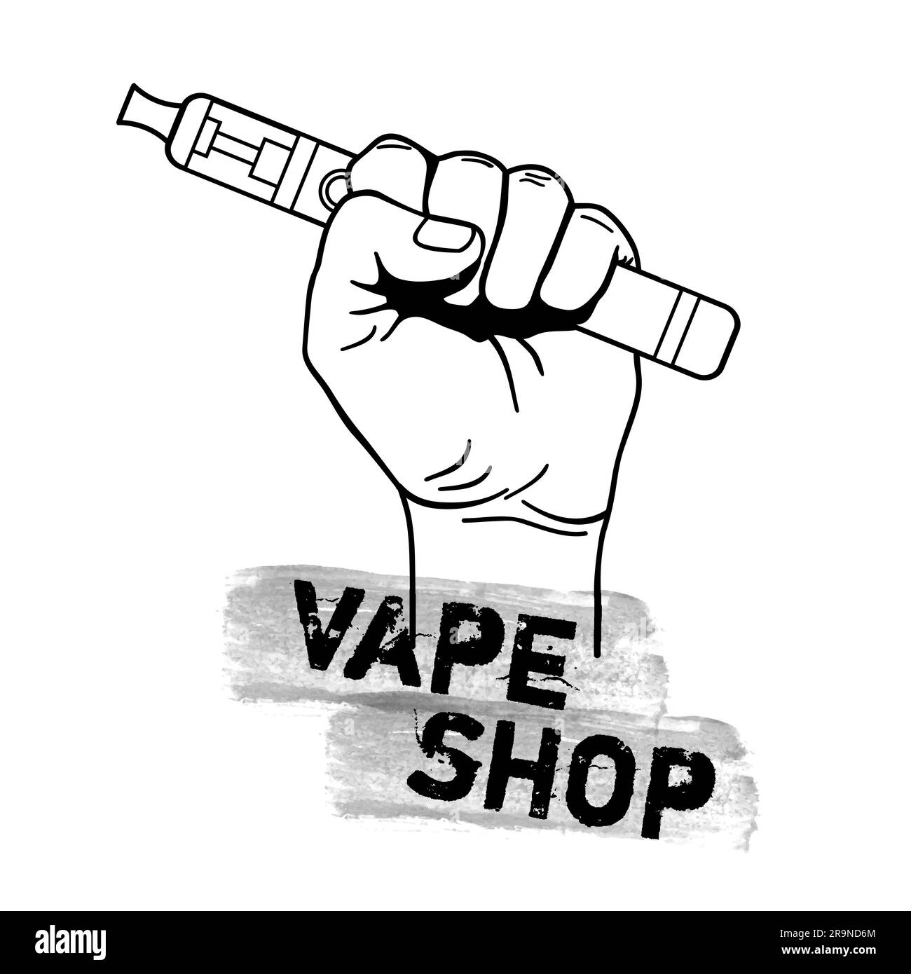 Vector vape shop illustration with hand holding electric tool for vaping. Vapor, electric cigarette, vaporizer e-cig icon. Stock Vector