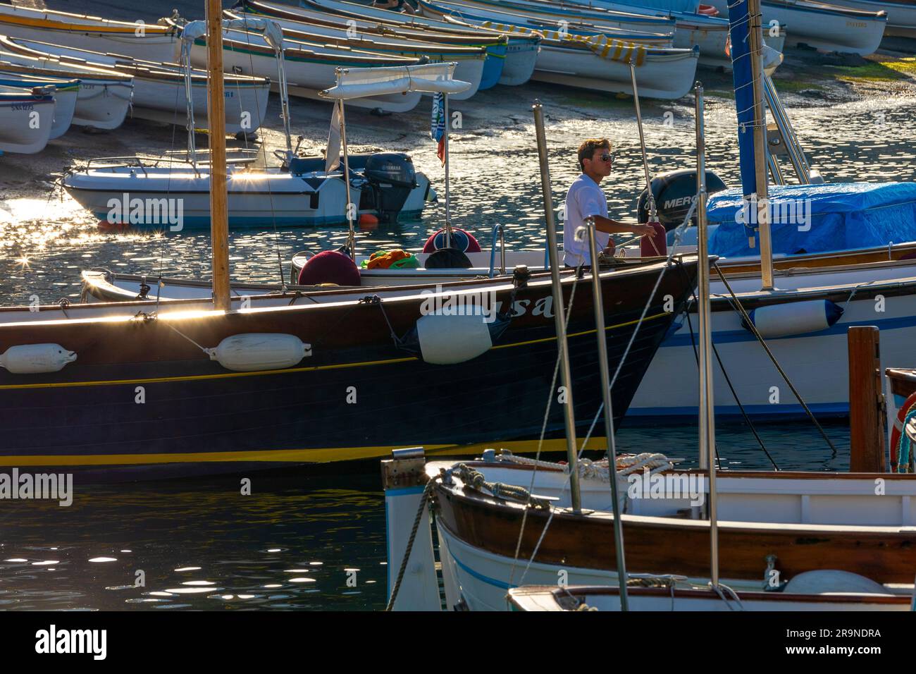 Fishing Boats at Sunset at Marina Grande, Capri, Campania, Italy, South West Europe Stock Photo