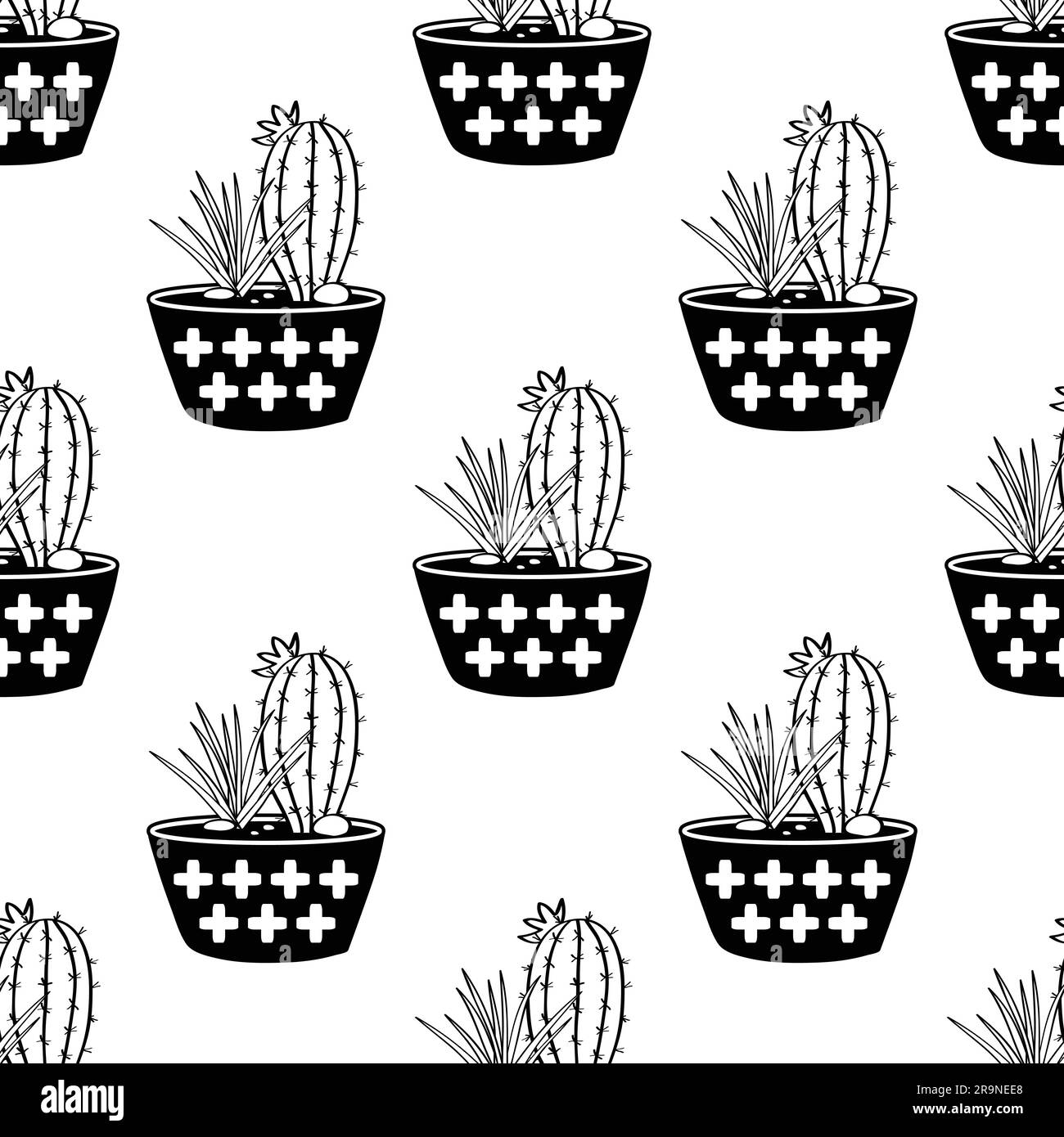 Vector black and white seamless pattern with cactuses and succulents in ...