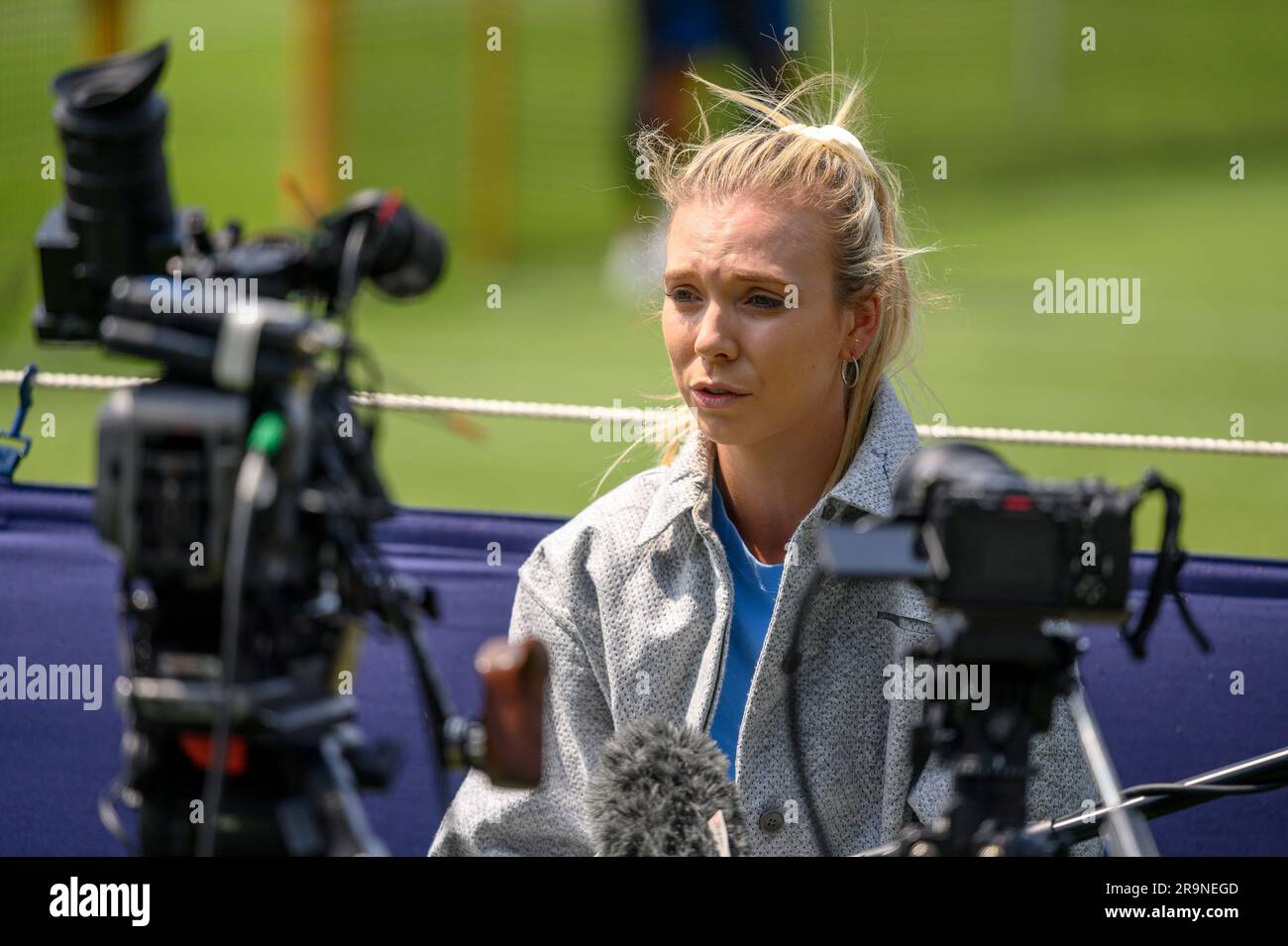 Katie Boulter (GBR) interviewed on the practice courts before playing on the firstday of the Rothesay International, at Devonshire Park, Eastbourne, U Stock Photo