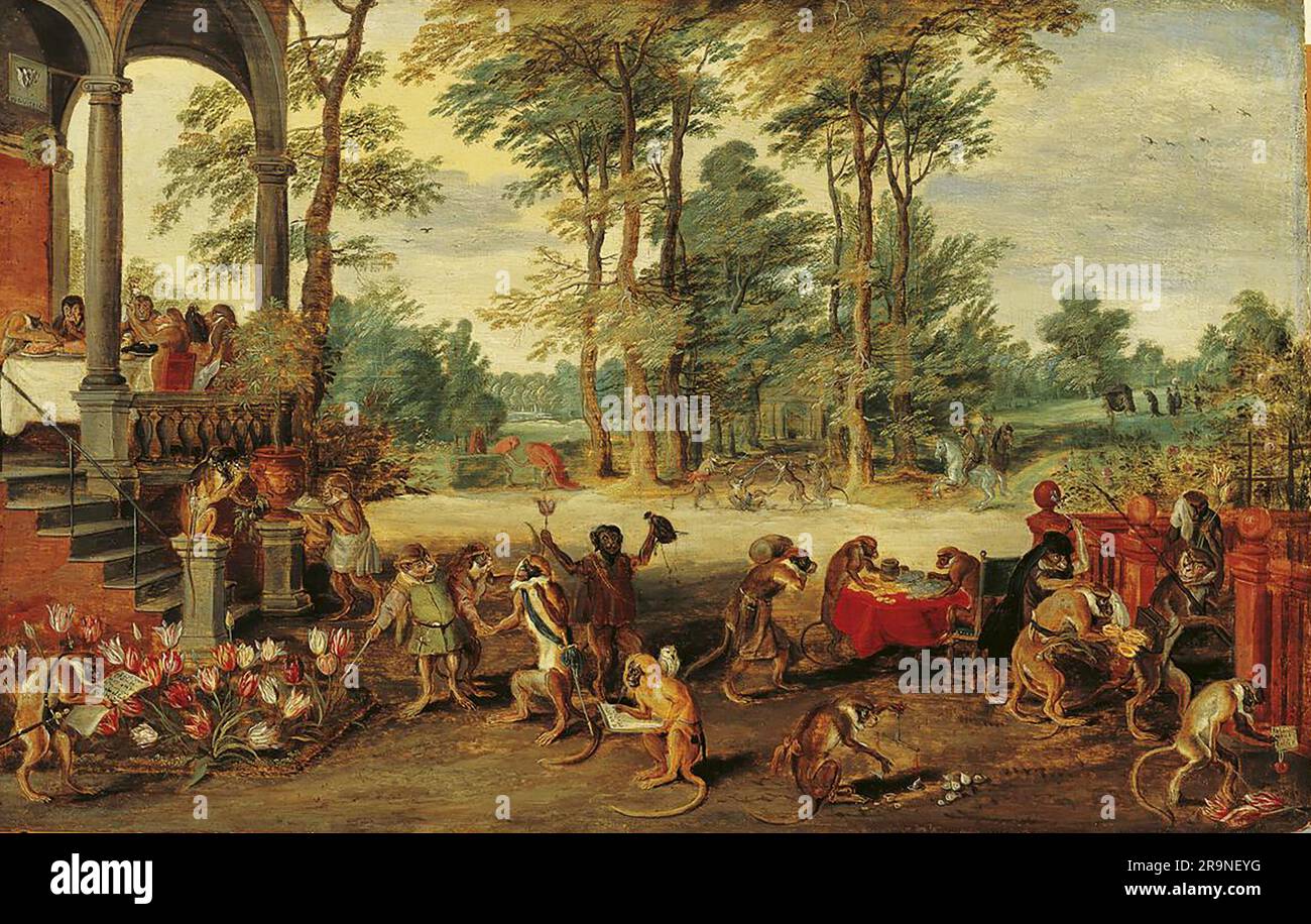 A SATIRE OF THE TULIP MANIA painting by Jan Brueghel the Younger  about  1640.Those speculating in the value of tulips are shown as monkeys. Stock Photo
