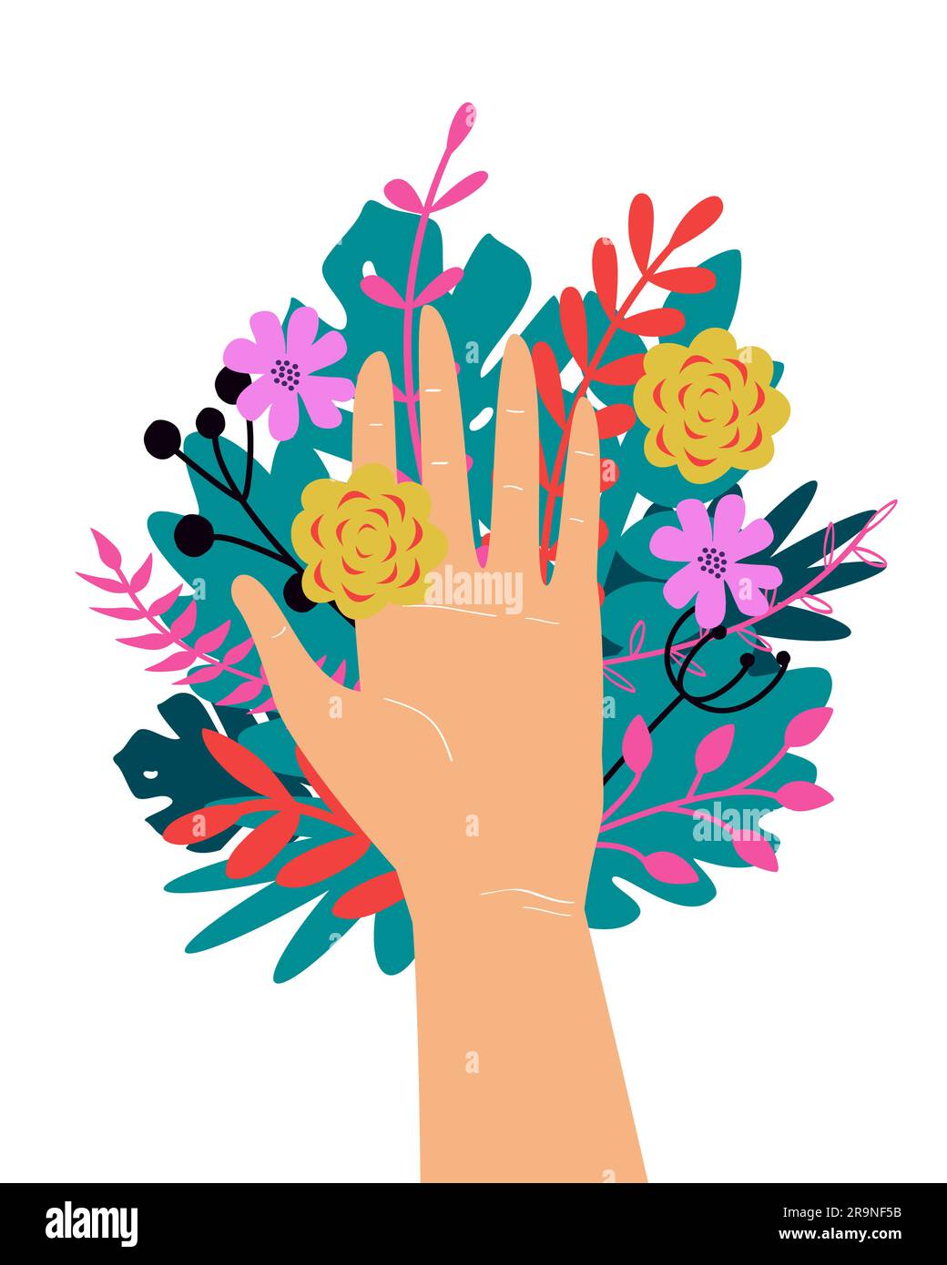 Vector trendy illustration with woman hand isolated with flowers. Cute romantic design for Save the Planet poster, Valentine's day, wedding invitation Stock Vector