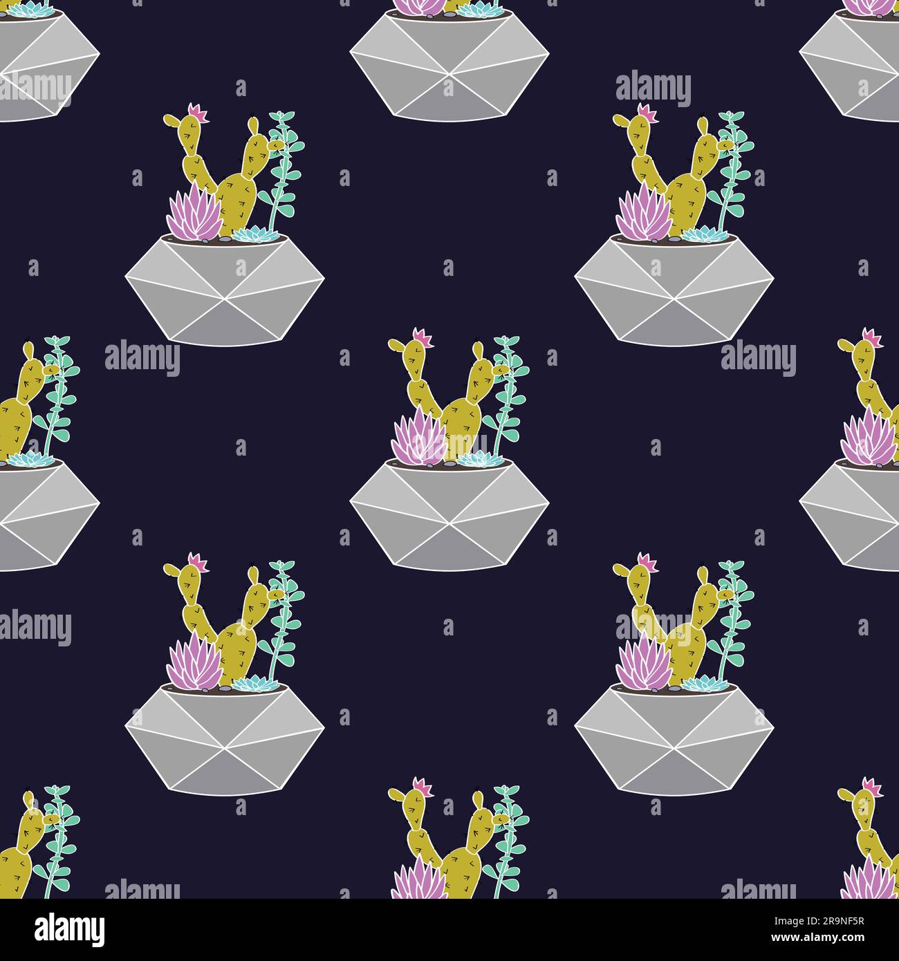 Vector colorful hand drawn seamless pattern with cactuses and ...