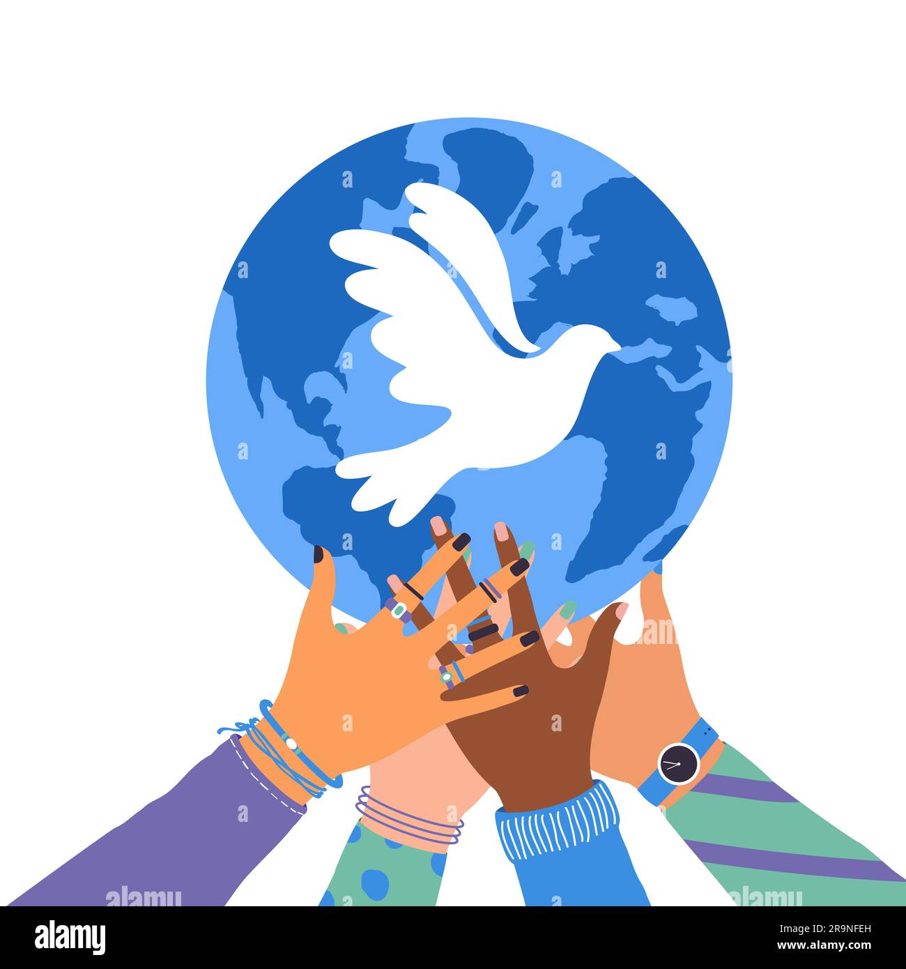 Vector illustration of human hands holding Earth globe with flying bird dove as a symbol of peace isolated on white background. International Peace Da Stock Vector