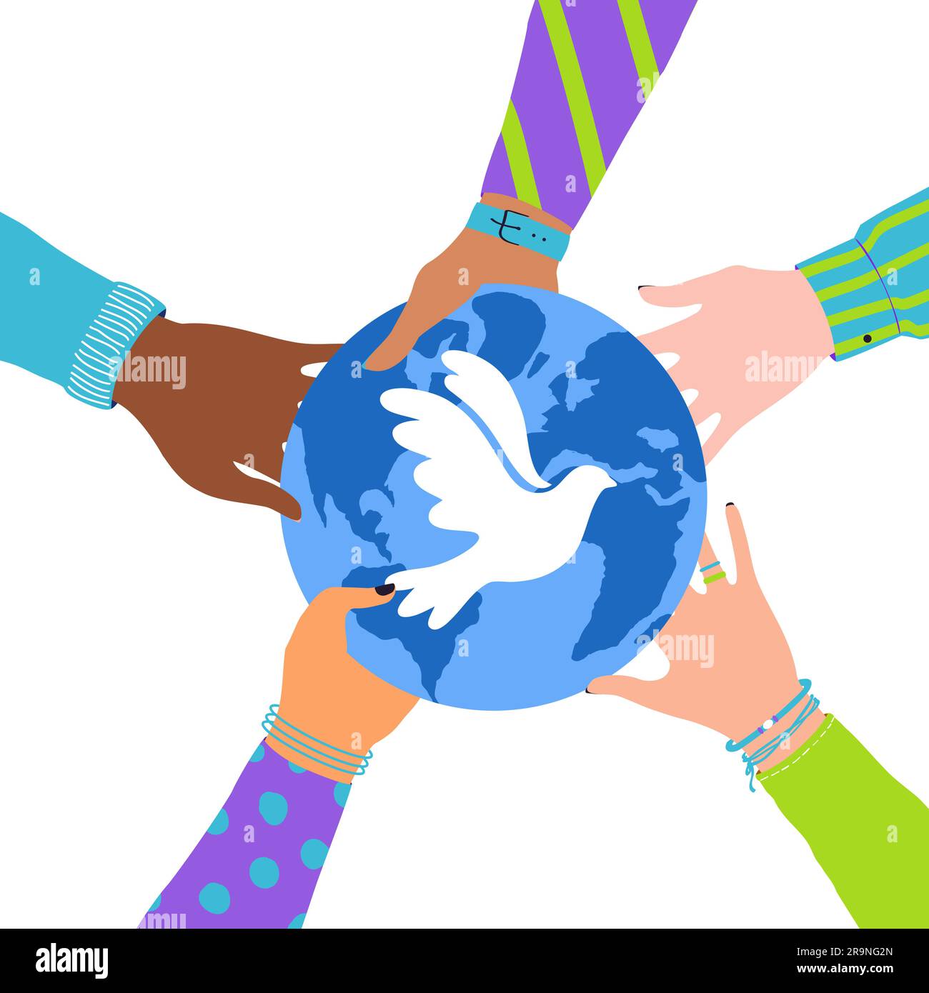 Vector illustration of human hands holding Earth globe with flying bird dove as a symbol of peace isolated on white background. International Peace Da Stock Vector