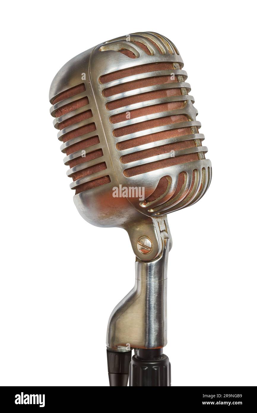 Authentic vintage audio microphone on stand isolated on a white background Stock Photo
