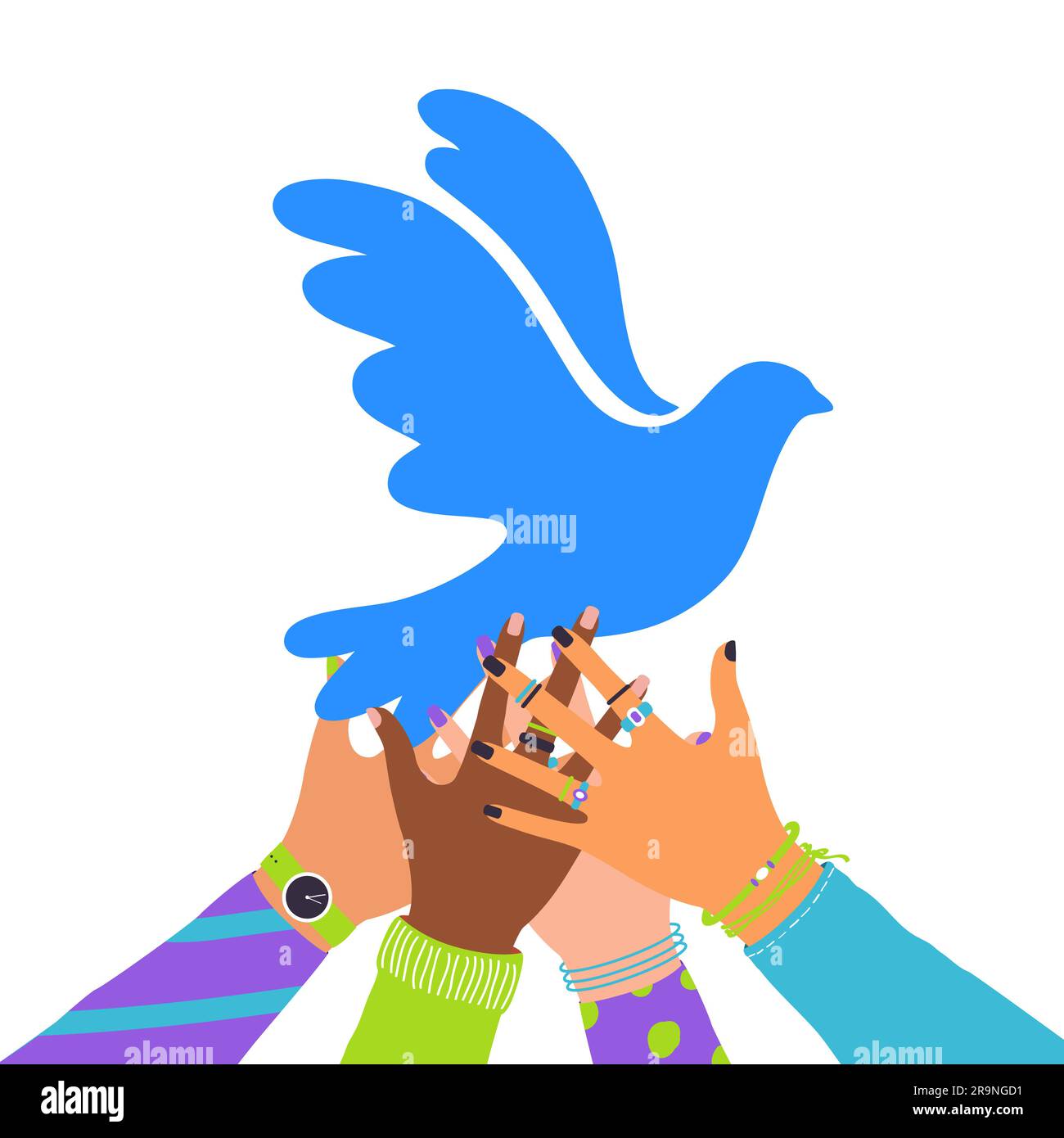 Vector illustration of human hands holding flying bird dove as a symbol of peace isolated on white background. International Peace Day Stock Vector