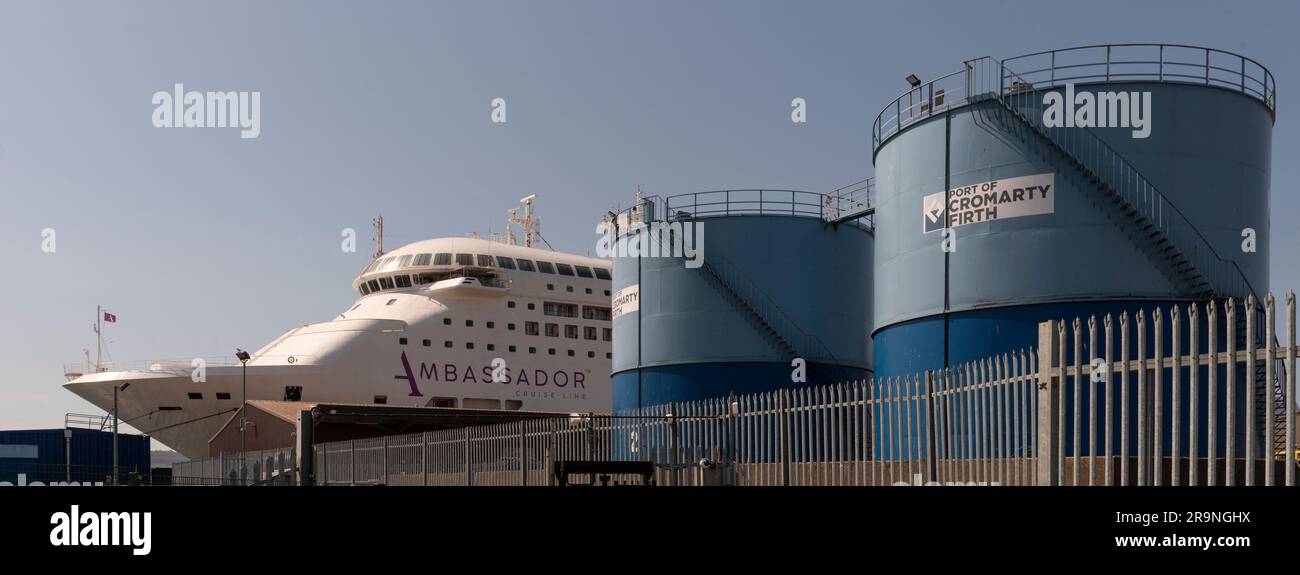 Invergordon, Scotland, UK.  3 June 2023.  Cruise ship. and fuel tanks in the deep waater port of  Cromarty Firth gateway to the Highlands. Stock Photo