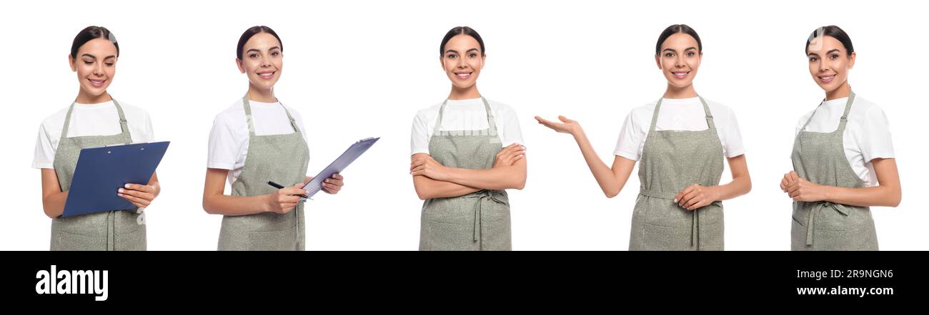 Collage with photos of woman in apron on white background Stock Photo ...