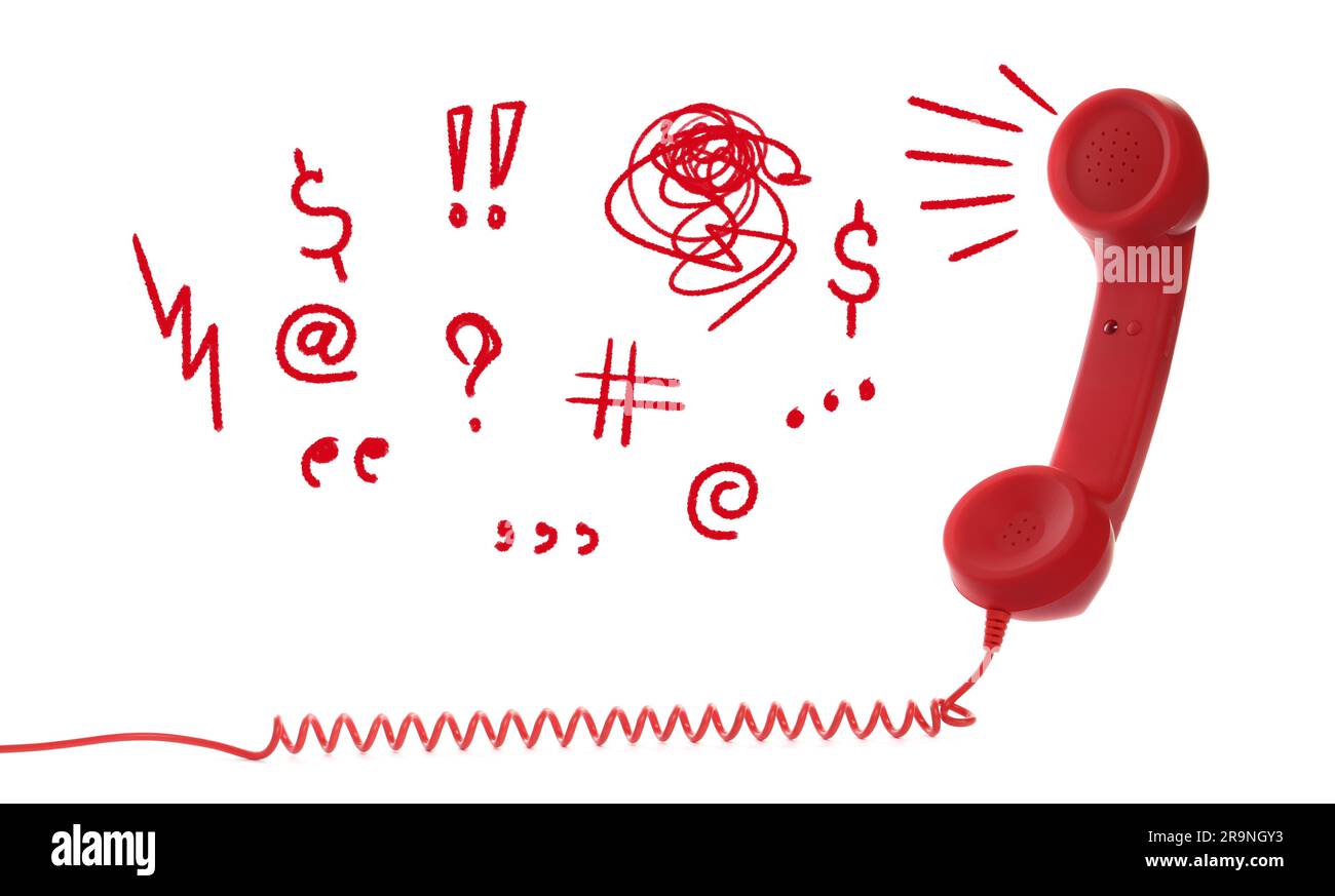 Complaint. Red corded telephone handset and different illustrations on