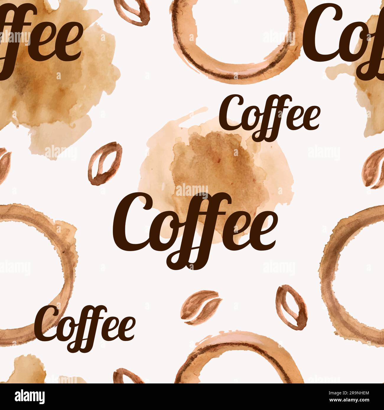 Vector seamless pattern with watercolor coffee beans, coffee blots and splashes Stock Vector