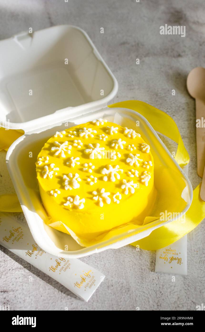 Trendy bento cake yellow color with cute decor on light background ...