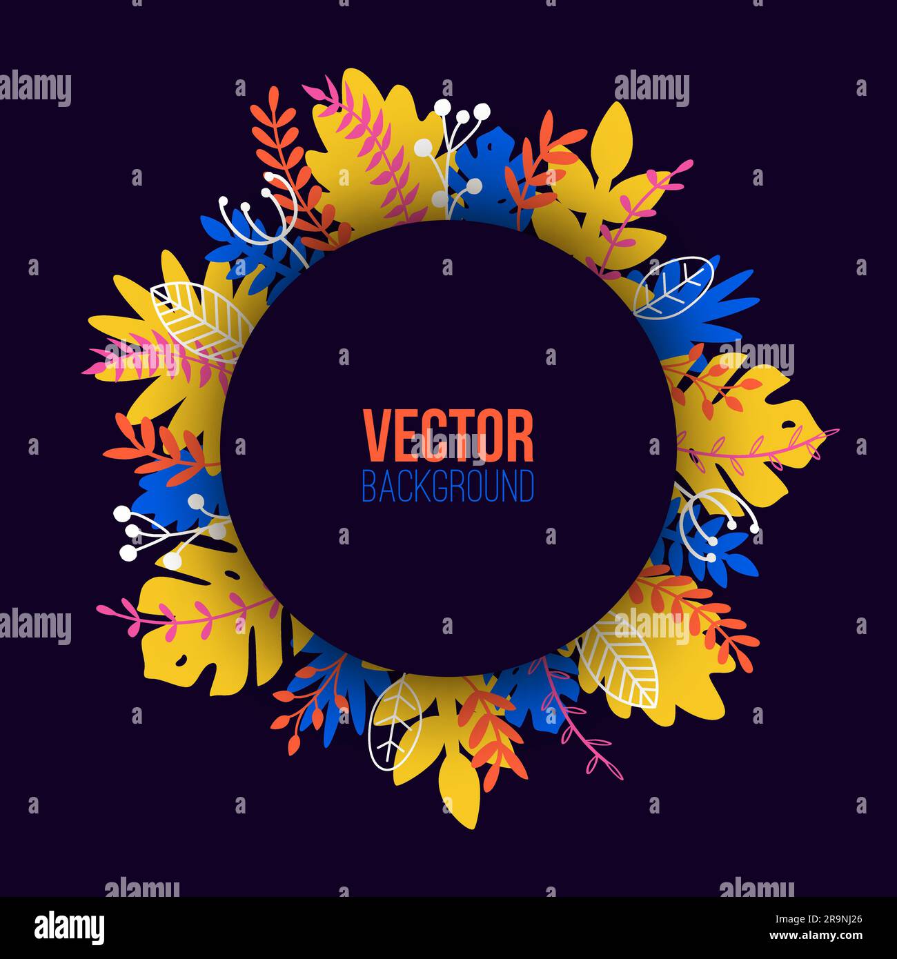 Vector natural illustration in trendy flat style with colorful exotic plants, flowers, leaves and place for text. Modern botanical round frame for ban Stock Vector