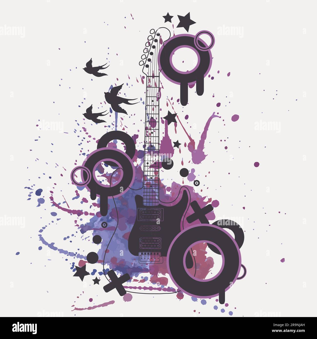 Vector illustration of electric guitar with watercolor splash, birds