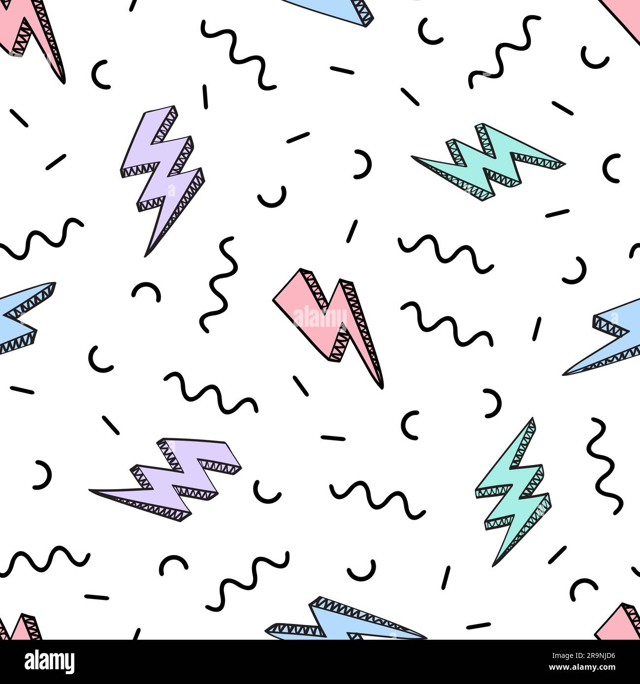 Vector abstract retro pattern with lightning bolts and geometric elements. Trendy memphis thunder background in comics style. Stock Vector