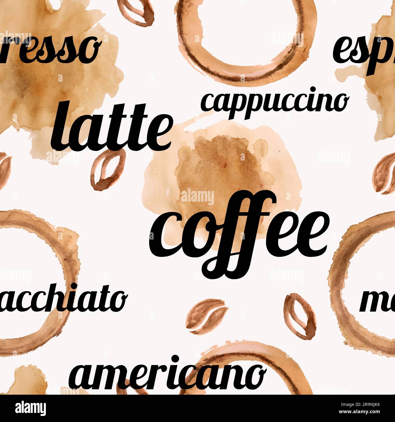 Vector seamless pattern with watercolor coffee beans, coffee blots and splashes Stock Vector