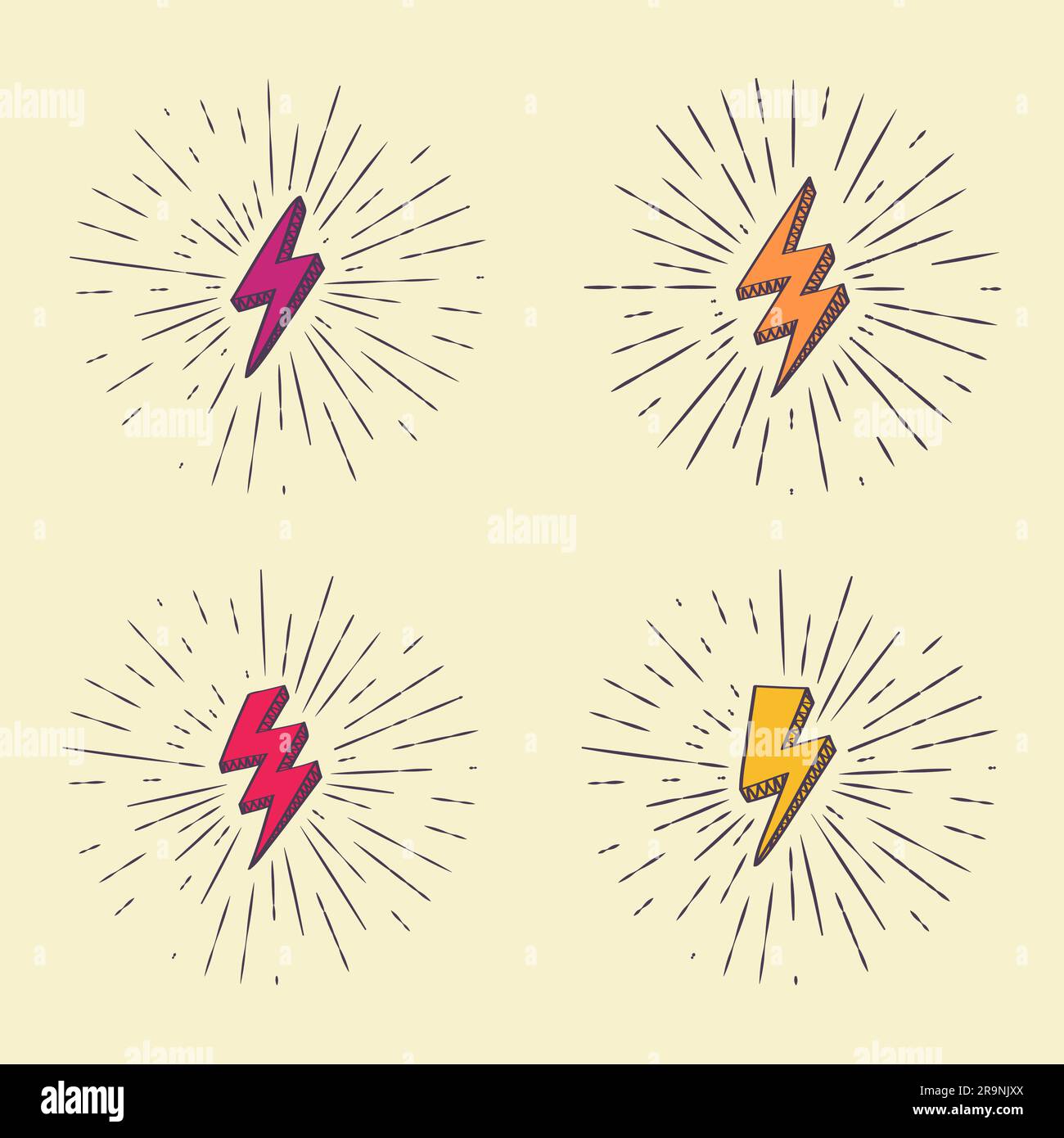 Vector colorful retro set with lightning bolt signs with sunburst
