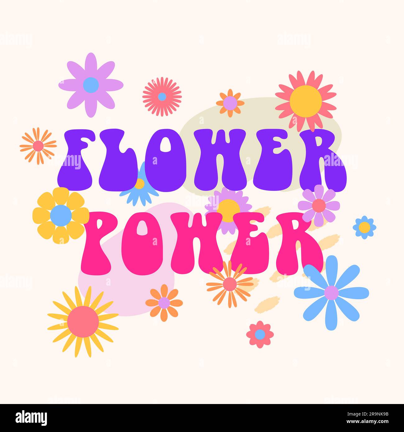 Vector trendy funny abstract retro 60s, 70s hippie groovy illustration Flower Power with flowers for fashion art print, poster or card Stock Vector