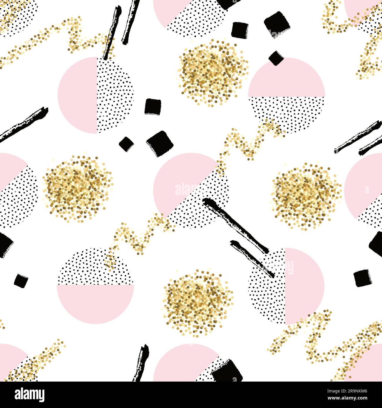 Vector seamless pattern with round dotted circles, golden and brush painted elements. Trendy memphis background. Stock Vector