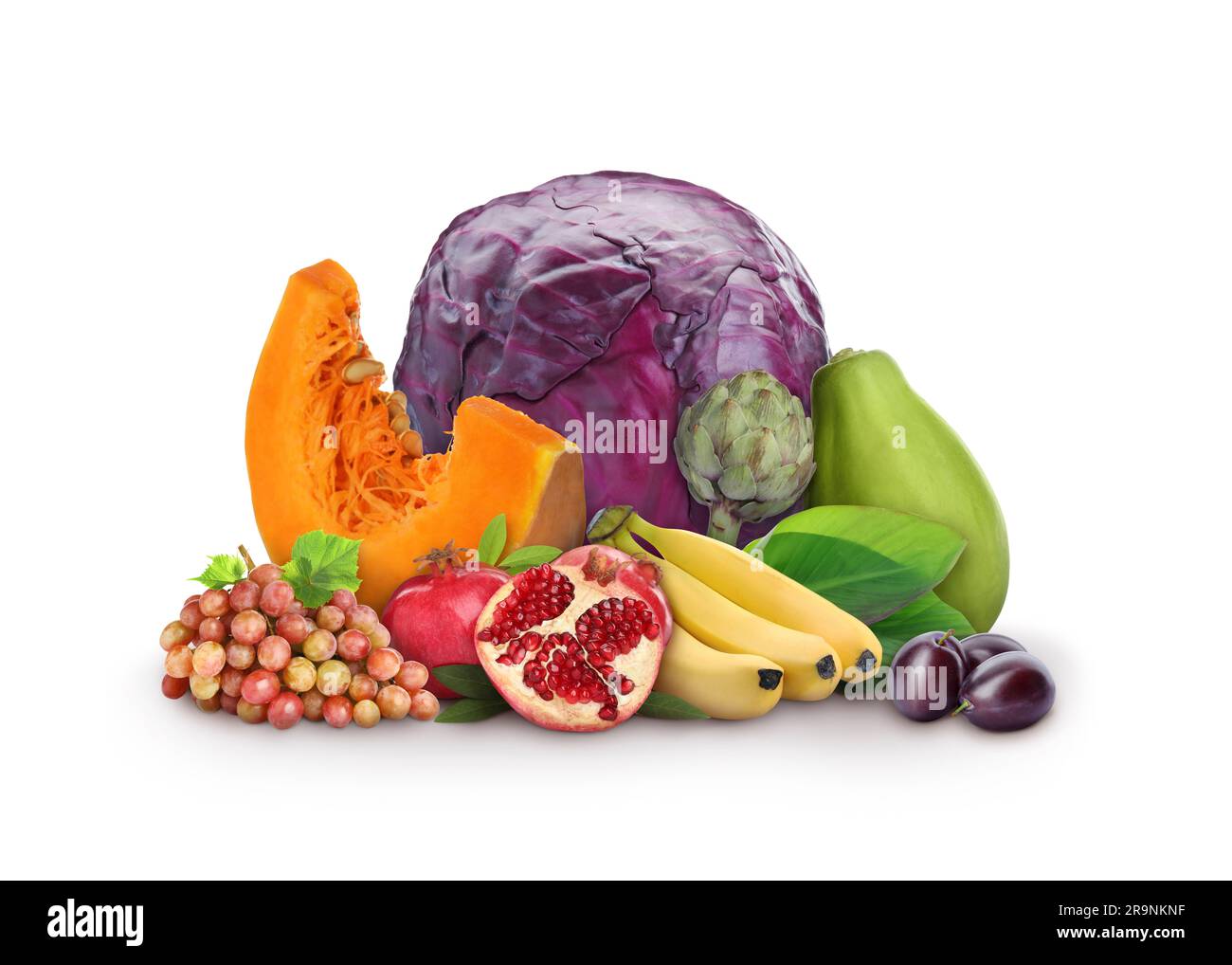 Fresh fruits and vegetables on green background Stock Photo - Alamy