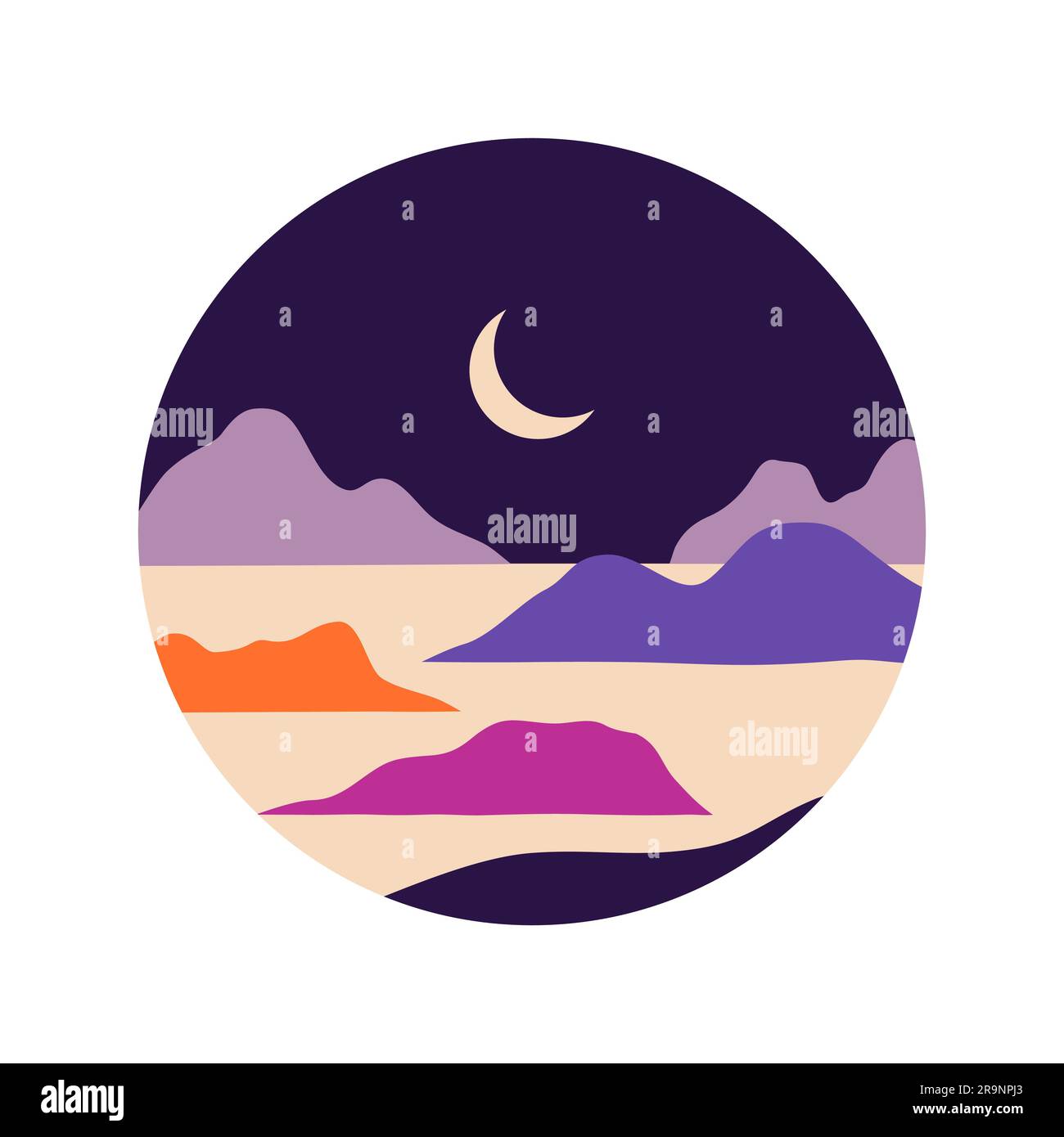 Vector abstract contemporary aesthetic round icon or sticker of landscapes with mountains, roads, sunrise, sunset. Boho wall print decor in flat style Stock Vector