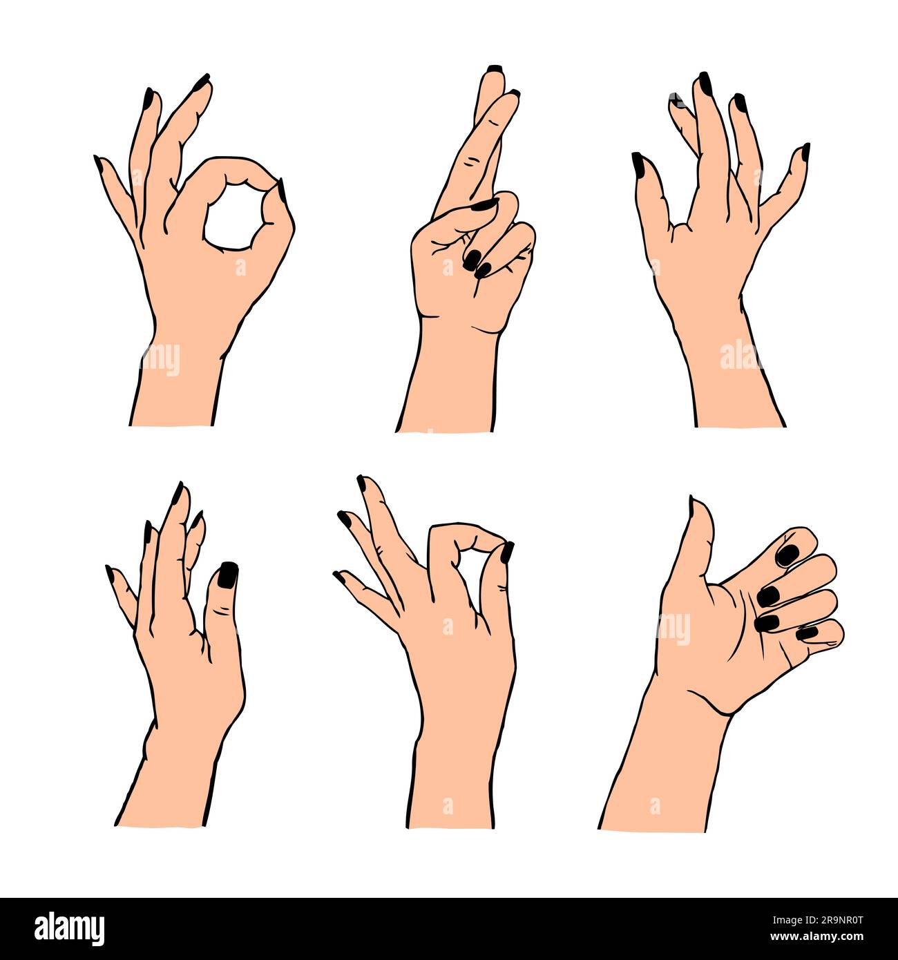 Vector set of different gestures isolated. Collection of female hands