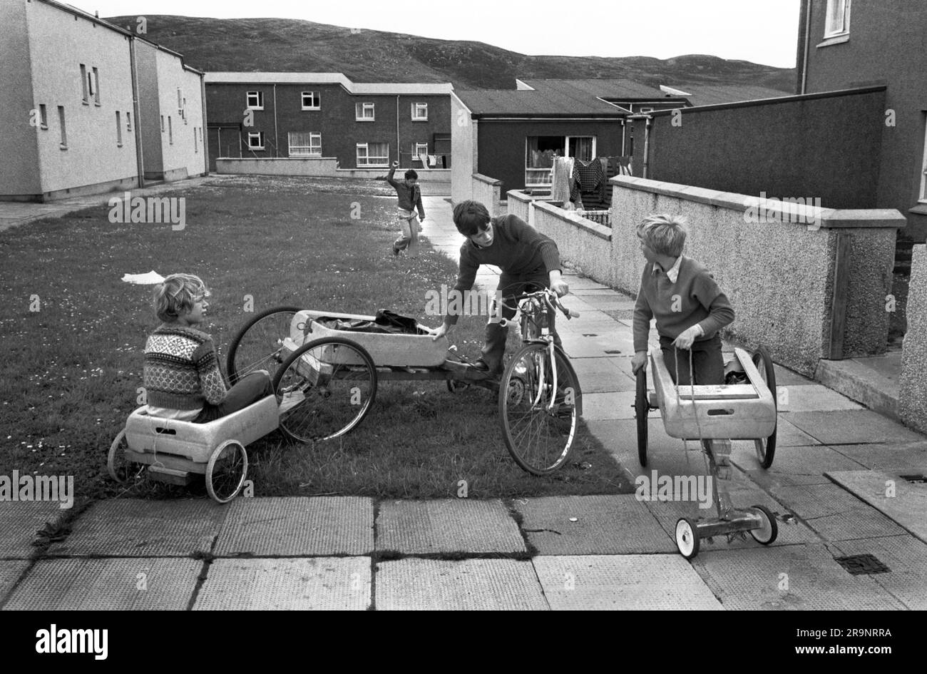 Go karting. Lerwick, boys playing with their home made go karts. Lerwick, Shetlands Mainland, Shetland Islands, Scotland, 1979. UK 1970s HOMER SYKES Stock Photo