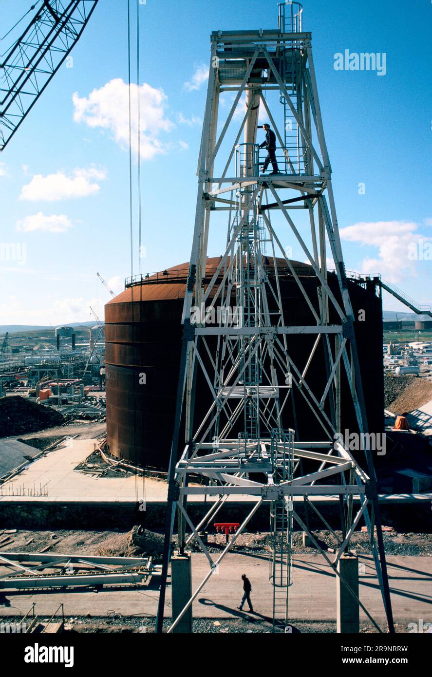 North Sea oil at Sullom Voe Terminal under construction. Oil storage tanks for British Petroleum (BP). Sullom Voe, Shetlands Mainland, Shetland Islands, Scotland, circa 1979. UK 1970S HOMER SYKES Stock Photo