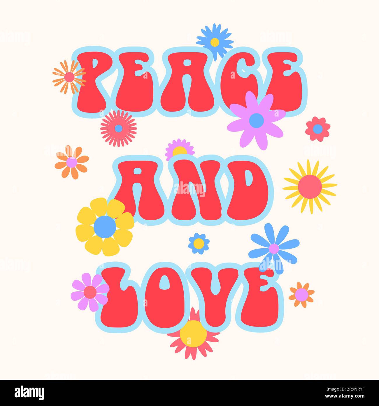 Vector trendy funny abstract retro 60s, 70s hippie groovy illustration Peace and Love with flowers for fashion art print, poster or card Stock Vector