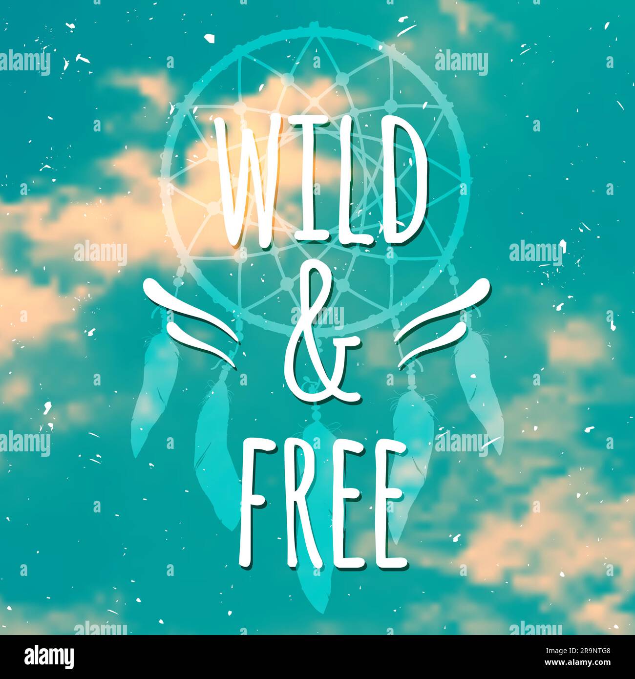 Vector grunge poster with dream catcher and text "Wild and Free" on