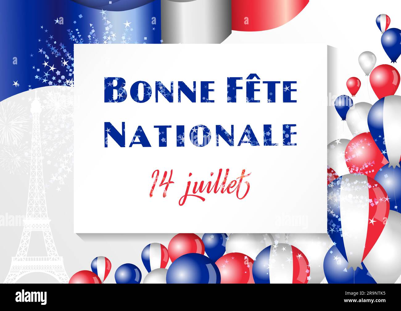 Bonne Fete Nationale Happy National Day, July 14. Greeting card