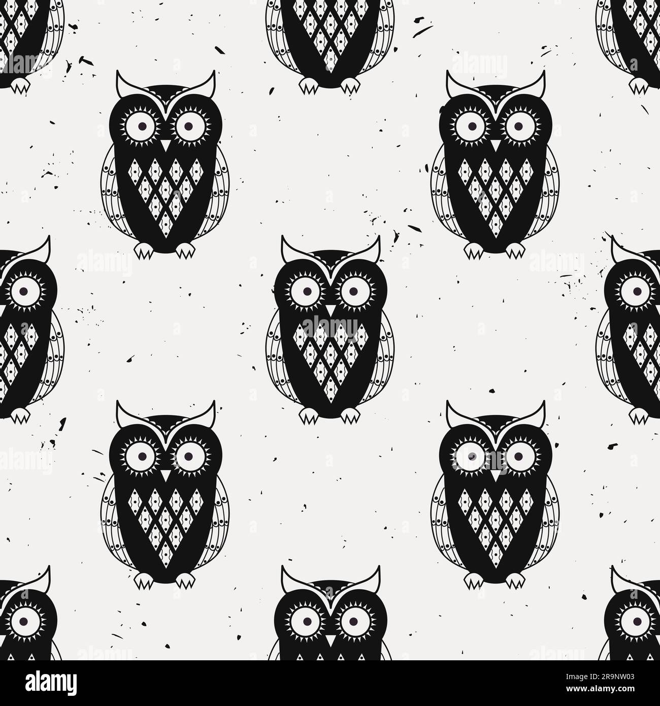 Vector grunge monochrome seamless pattern with cute owls Stock Vector