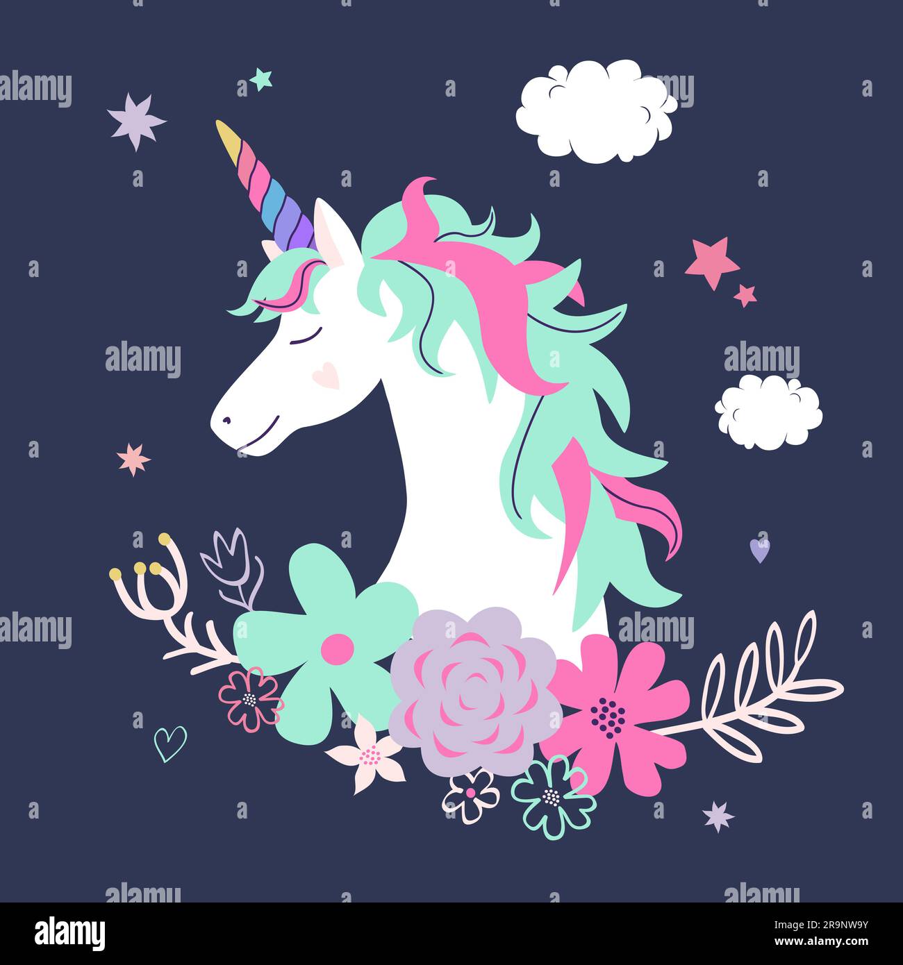 Vector cute illustration of unicorn with flowers. Modern magical greeting card or poster Stock ...