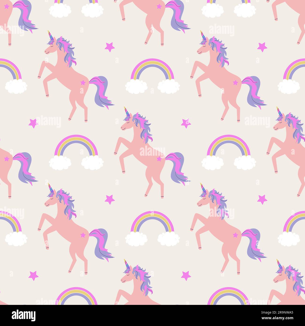 Vector cute seamless pattern with unicorns, rainbows and stars Stock Vector