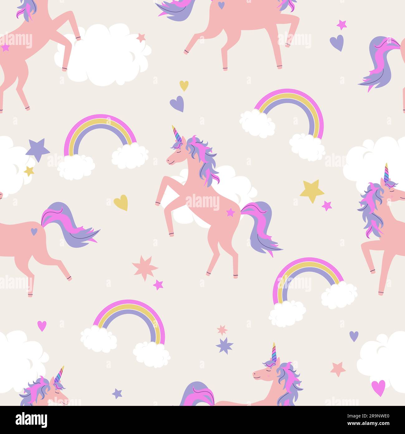 Vector cute seamless pattern with unicorns, rainbows and clouds Stock Vector