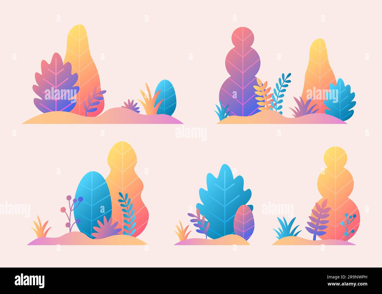 Vector set with trees, leaves, grass in trendy flat style design. Fantasy autumn nature plants template for banner, card, poster, print Stock Vector