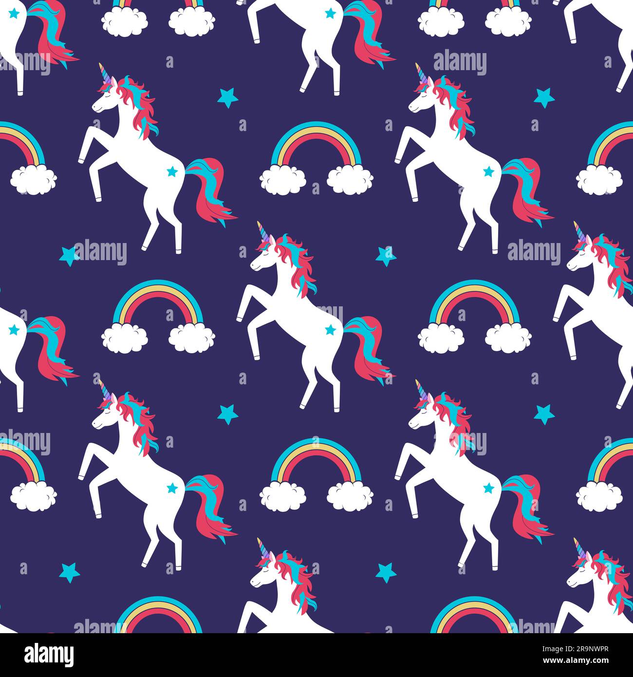 Vector cute seamless pattern with unicorns, rainbows and stars Stock Vector