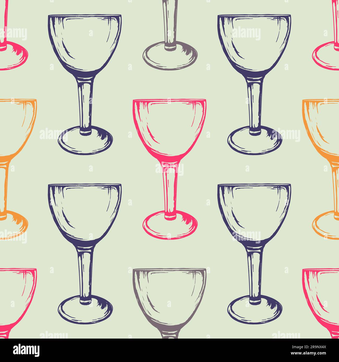 Vector colorful seamless pattern with wine glasses. Hand drawn style. Stock Vector