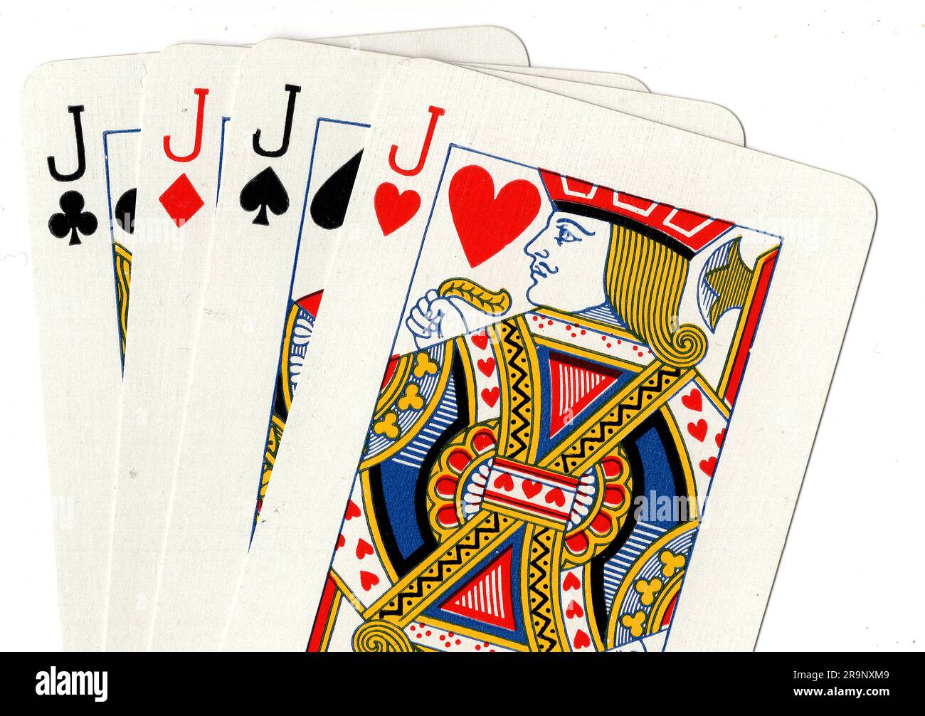 Vintage playing cards showing four jacks on a white background Stock ...