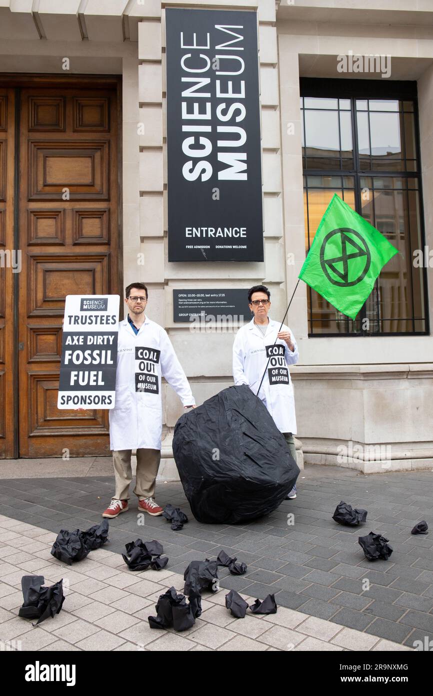 London, UK. 28th June, 2023. Extinction Rebellion Scientists stage an action at the Science Museum calling for an end to their collaboration with Adani, London, England, UK Credit: Denise Laura Baker/Alamy Live News Stock Photo